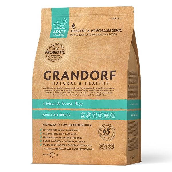 Grandorf Dog, 4 Meat & Brown Rice, Adult All Breeds, 3 kg