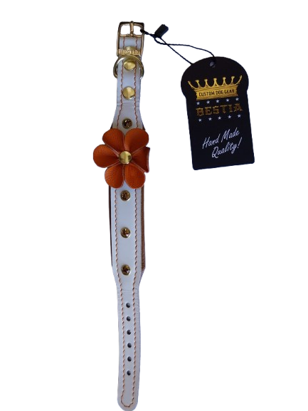 Bestia Zgarda Flower, Piele Naturala, XS: 20-25 cm, Alb/ Maro/ Portocaliu
