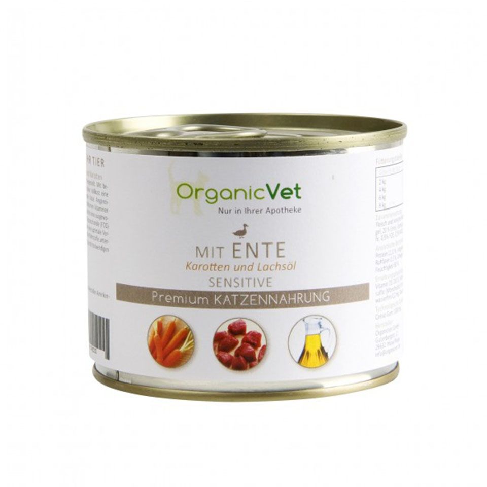 OrganicVet Feline Sensitive, rata, morcovi si ulei de somon, 200 g 200