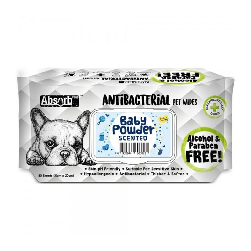 Absorb Plus, Antibacterian Pet Wipes Baby Powder, 80 buc