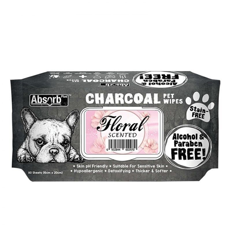 Absorb Plus, Charcoal Pet Wipes Floral, 80 Buc