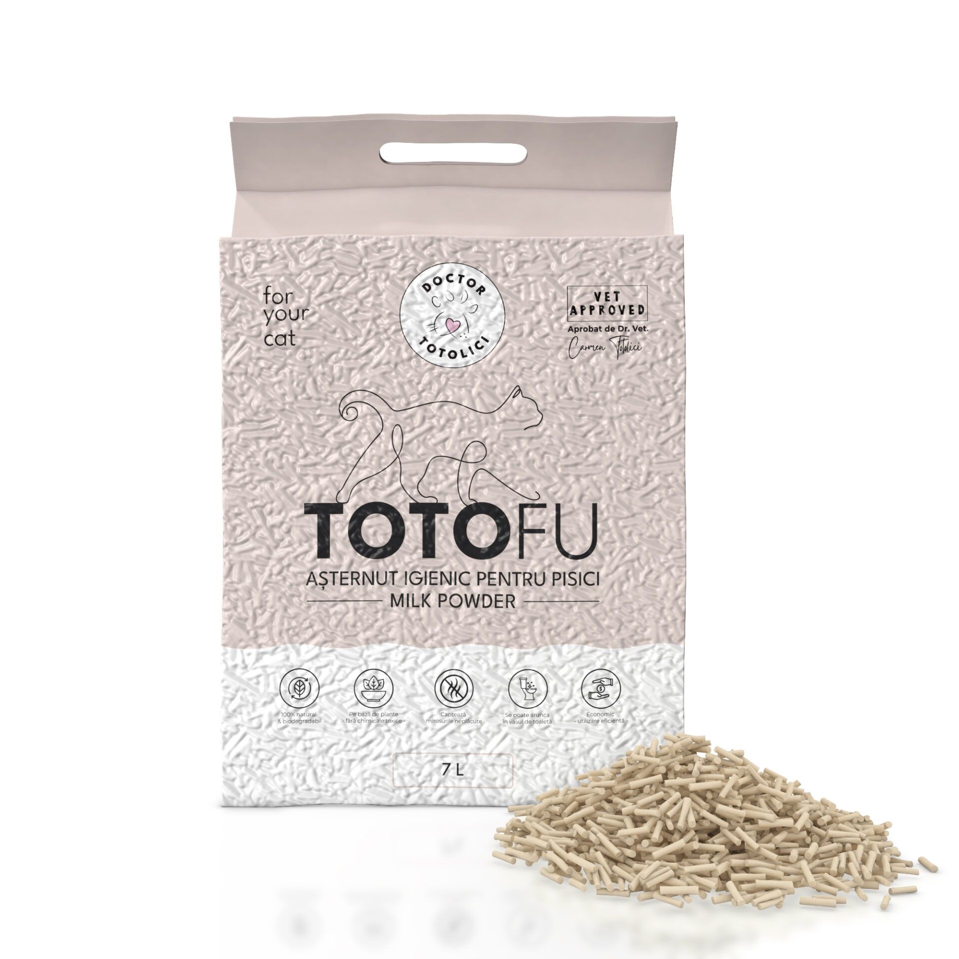 Asternut igienic pentru litiera TOTOFU natural, pe baza de plante, ultra-absorbant, cu pudra de lapte, 7 L