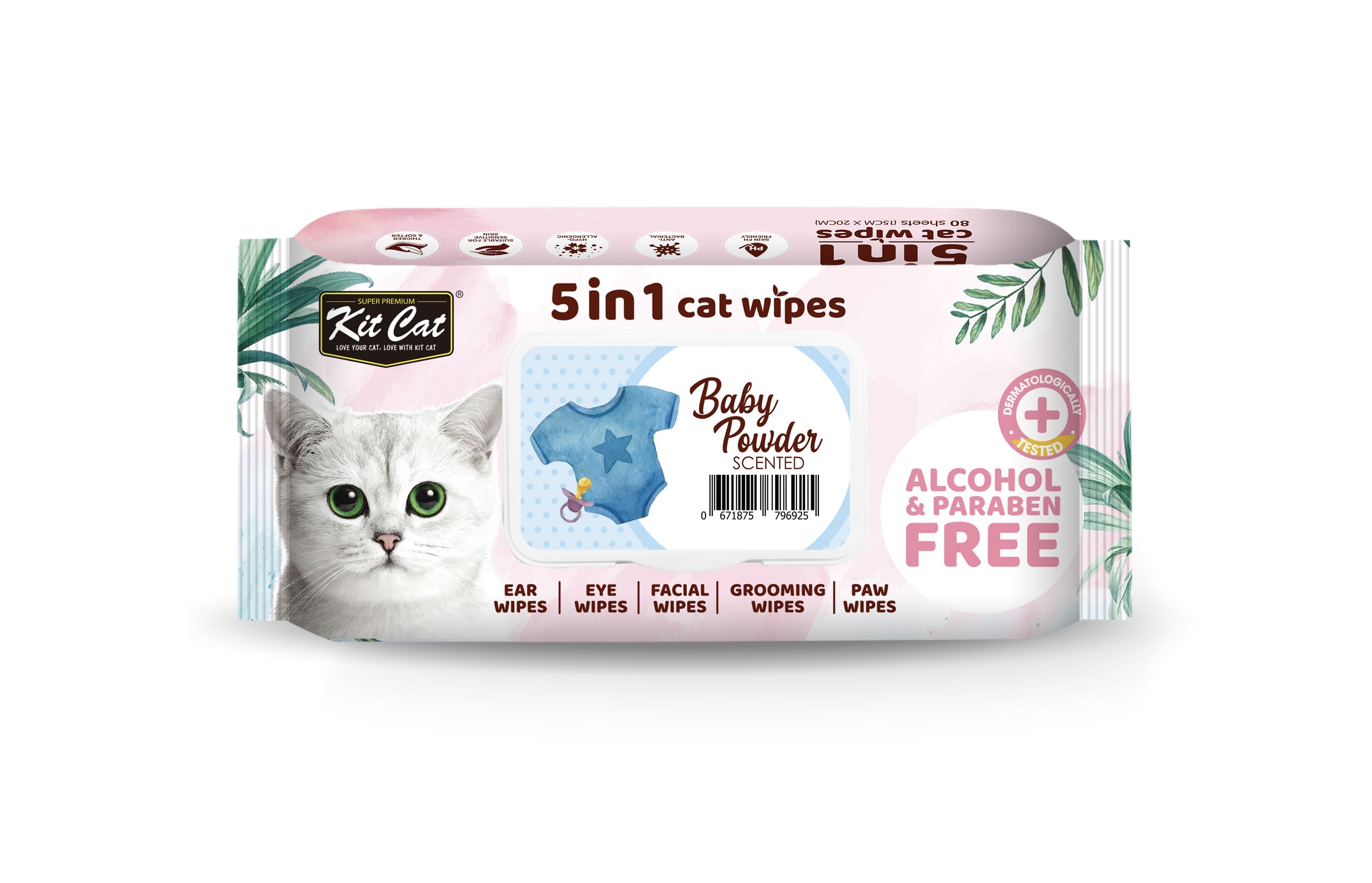 Servetele umede pentru pisici, Kit Cat 5in1 Baby Powder, 80 buc 5in1