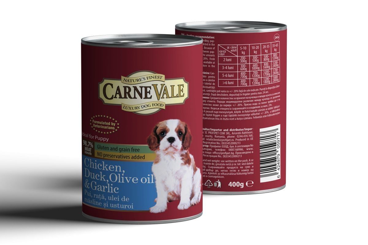 Hrana umeda caini, Carnevale Junior Pui, Rata, Usturoi & Ulei de Masline, 400 g