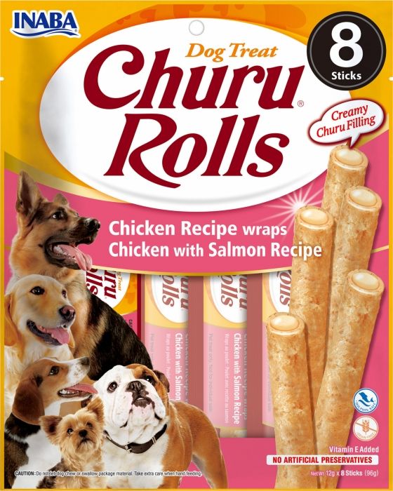 Churu Inaba Rolls Recompense pentru Caini cu Pui si Somon, 12 g x 8 buc