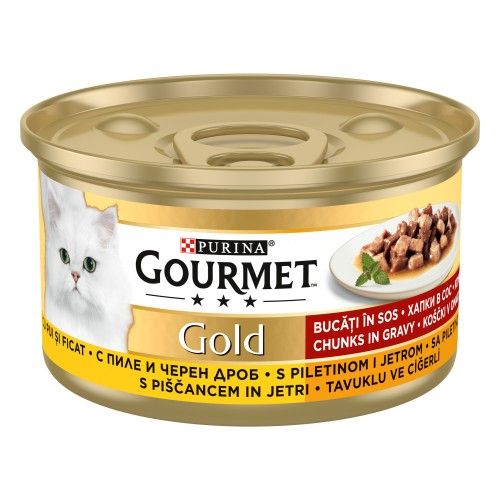 GOURMET GOLD Bucatele de Carne in Sos, Pui si Ficat, 85 g