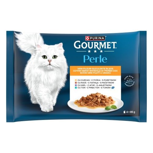 GOURMET PERLE Multipack cu Miel, Rata, Ton, Curcan, 4x85 g