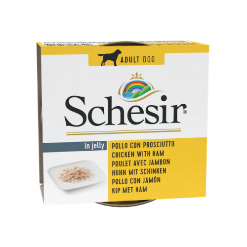 Hrana umeda caini, Schesir Dog Chicken with Ham in Jelly, 150 g