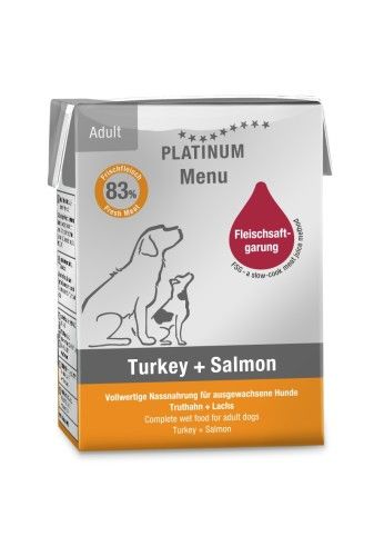 Hrana umeda caini, PLATINUM Dog Adult cu Somon si Curcan, 185 g
