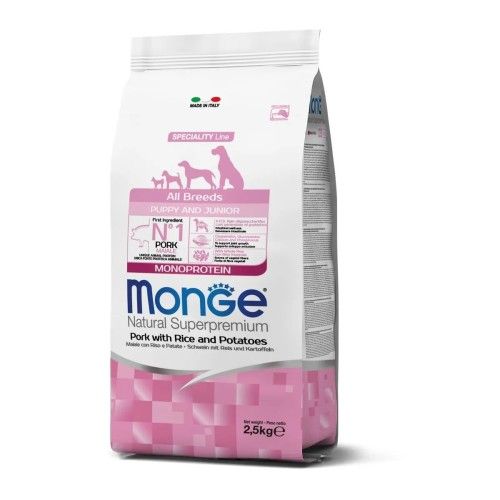 Hrana uscata caini, Monge Natural Superpremium All Breeds Puppy & Junior, Porc, Orez & Cartofi, 2.5 kg