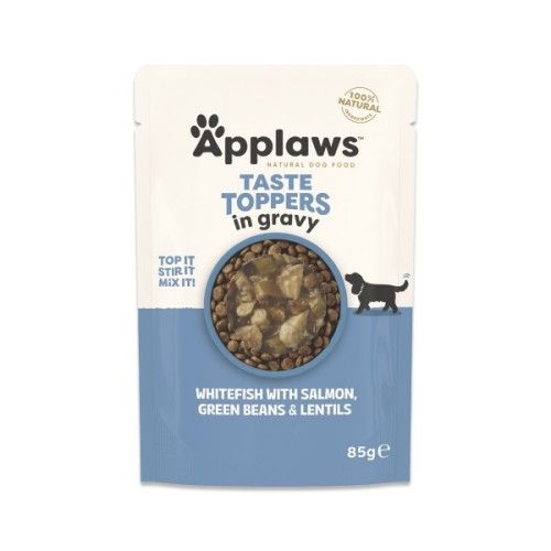 Hrana umeda caini, Applaws Dog Taste Toppers, Peste Alb si Somon, in sos, 85 g
