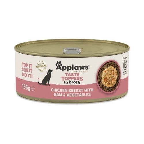 Hrana umeda caini, Applaws Dog Taste Toppers, Piept de Pui si Sunca, in supa, 156 g
