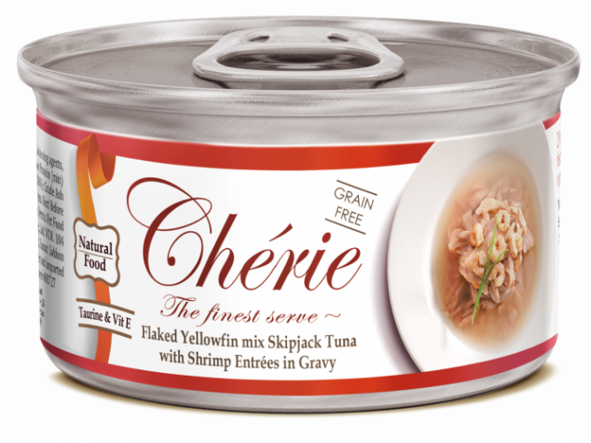 Cherie Adult Cat Grain Free Mix Fulgi de Ton cu Creveti in Sos, 80 g