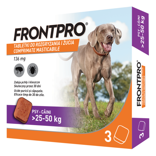 Comprimate masticabile antiparazitare caini, Frontpro XL, 136 mg, >25-50 kg, 3 buc/ cutie