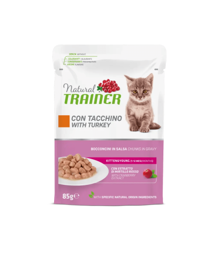 Natural Trainer, Kitten & Young cu Bucati de Curcan in Sos, 85 g