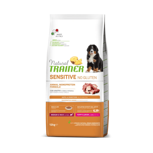 Hrana Uscata Catei, Natural Trainer, Sensitive No Gluten Medium-Maxi Puppy & Junior, Rata, 12 kg