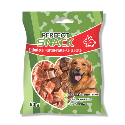 Hrana complementara pentru caini, Perfect Snack, cubulete marmorate de iepure, 80 g