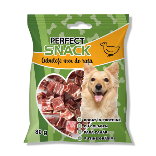Hrana complementara pentru caini, Perfect Snack, cubulete moi de rata, 80 g