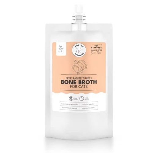 Supa de oase de curcan bio pentru pisici Doctor Totolici, cu dop resigilabil, 150 ml