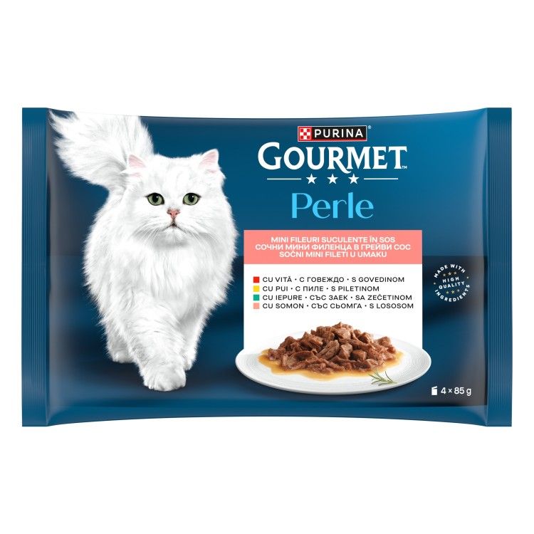 GOURMET PERLE Multipack, Vita, Pui, Iepure & Somon, 4x85 g (Hrana Umeda - Pisici)