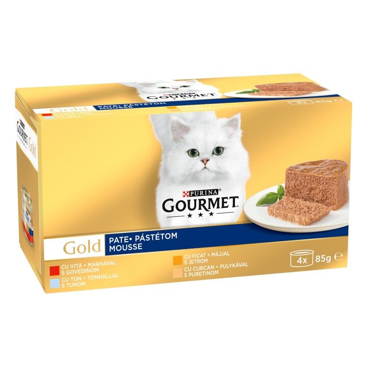 Gourmet Gold Mousse Vita, Curcan, Ficat si Ton, 4 x 85 g (Hrana Umeda - Pisici)