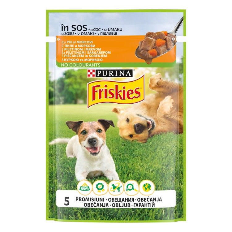 Friskies Adult cu Pui si Morcovi in Sos, 100 g (Hrana Umeda - Caini)