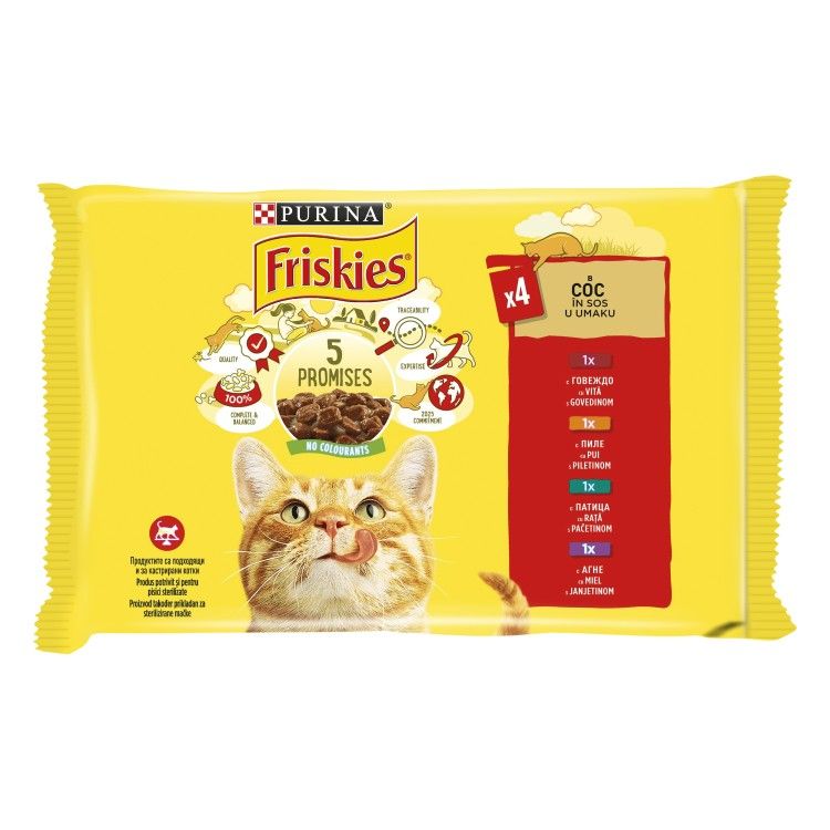 Friskies Adult Cat, Multipack Pui, Vita, Miel, Rata, 4 x 100 g (Hrana Umeda - Pisici)