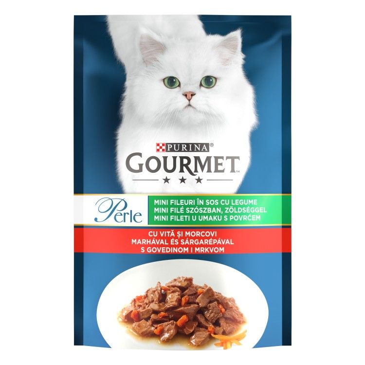GOURMET PERLE cu Vita, Morcovi, Legume in sos, 85 g (Hrana Umeda - Pisici)
