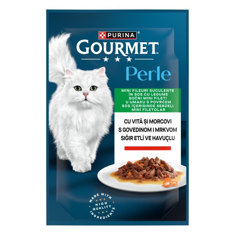 GOURMET PERLE cu Vita, Morcovi, Legume in Sos, 85 g (Hrana Umeda - Pisici)