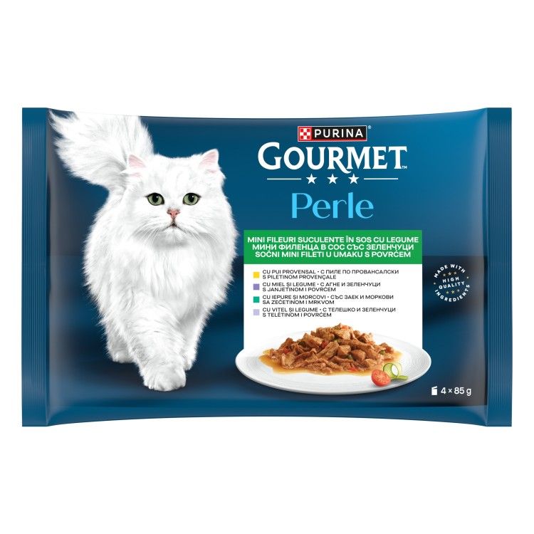 GOURMET PERLE Multipack, Vitel, Iepure, Miel, Pui Provencale, 4x85 g (Hrana Umeda - Pisici)