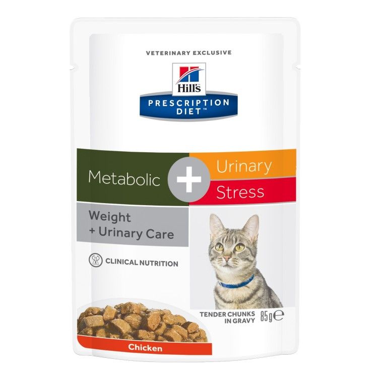 Hill’s Prescription Diet Metabolic + Urinary Stress hrana pentru pisici cu pui, 85 g (plic)