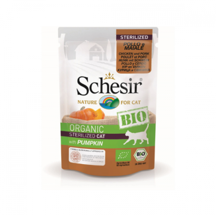 Schesir Bio For Sterilized Cat, Pui, Porc şi Dovleac, 85 g