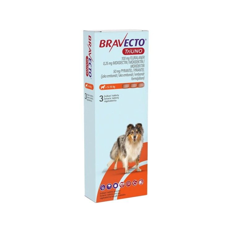 Bravecto TriUNO 100 mg, 5-10 kg, 3 tablete (PRESCRIPTIE NECESARA)
