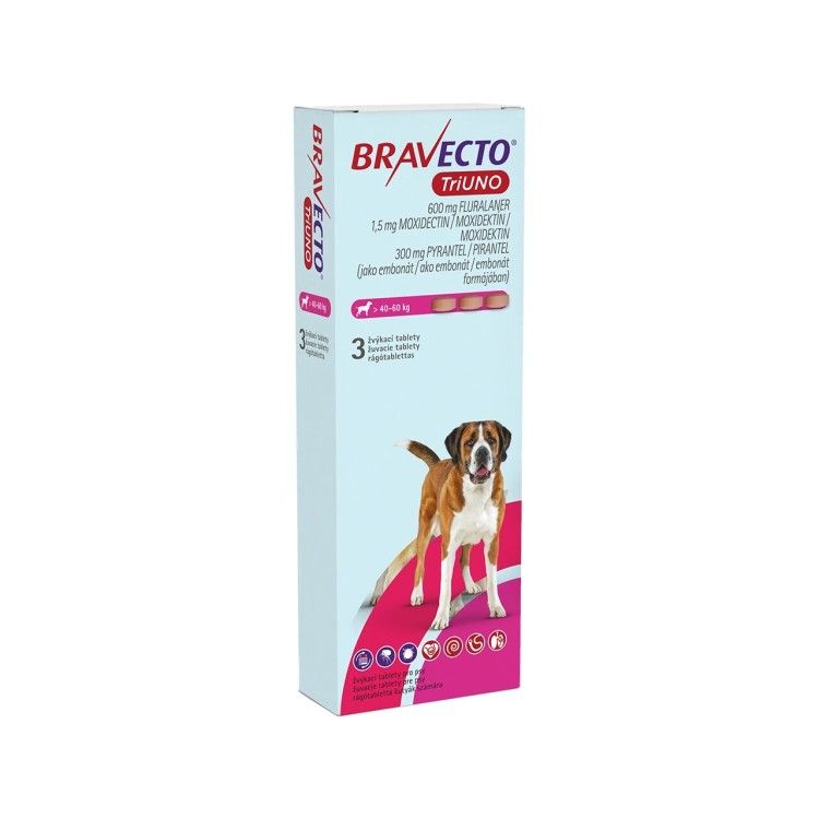 Bravecto TriUNO 600 mg, 40-60 kg, 3 tablete (PRESCRIPTIE NECESARA)