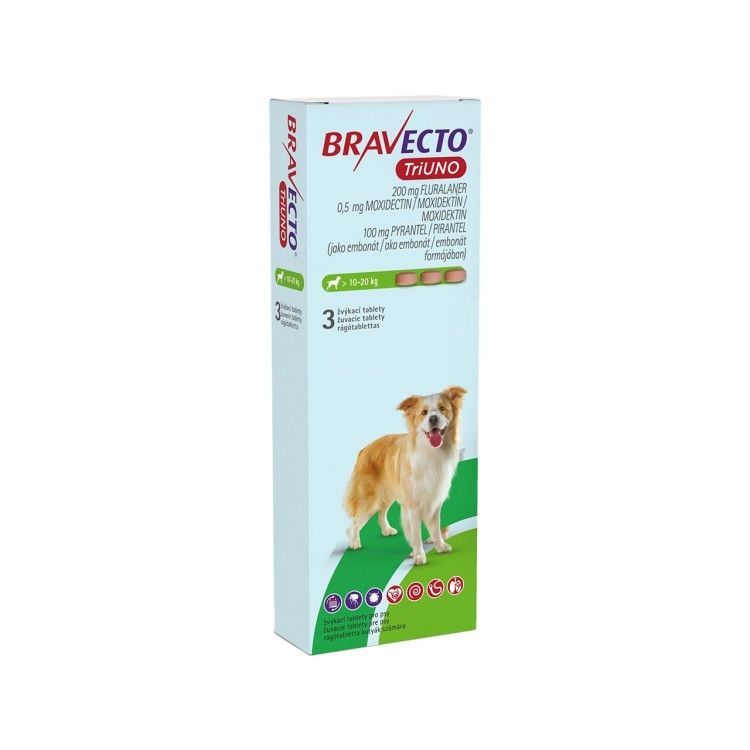 Bravecto TriUNO 200 mg, 10-20 kg, 3 tablete (PRESCRIPTIE NECESARA)