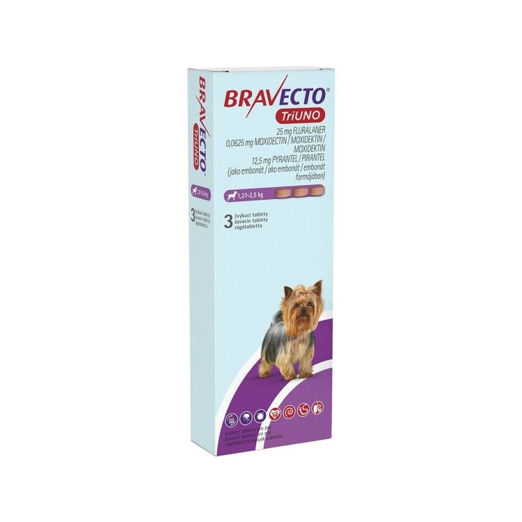 Bravecto TriUNO 25 mg, 1.27-2.5 kg, 3 tablete (PRESCRIPTIE NECESARA)