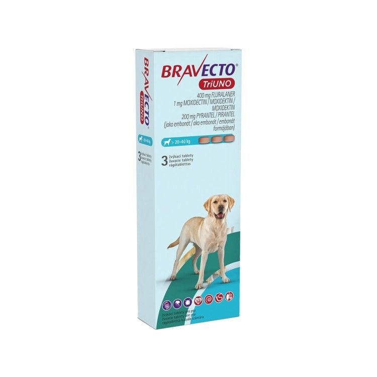 Bravecto TriUNO 400 mg, 20-40 kg, 3 tablete (PRESCRIPTIE NECESARA)