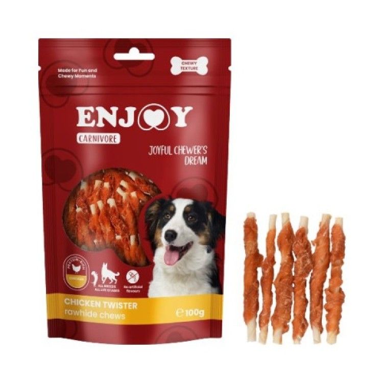 Recompense pentru caini Enjoy Carnivore Rawhide Chews cu pui, 100 g (Delicii - Caini)