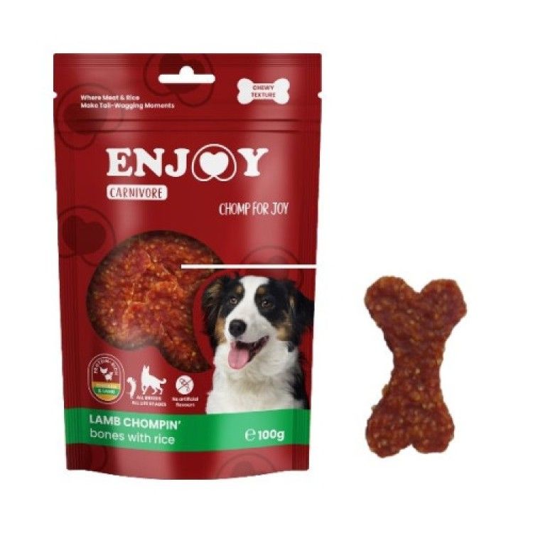 Recompense pentru caini Enjoy Carnivore Lamb Chompin Oase cu orez si miel, 100 g (Delicii - Caini)