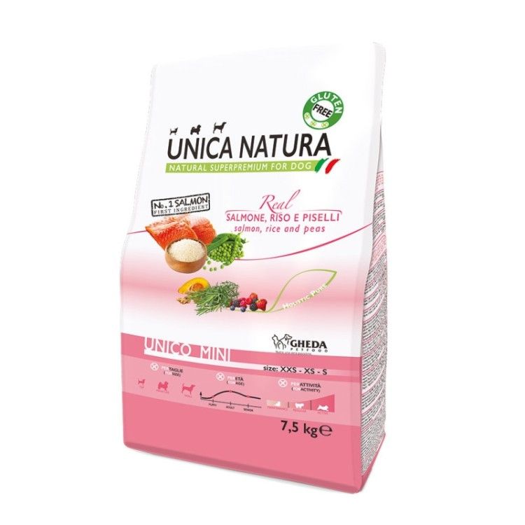 Natura Unica caini talie mica cu Somon,orez si mazare 7,5 kg