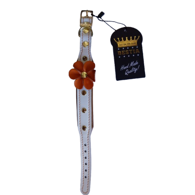 Bestia Zgarda Flower, Piele Naturala, S: 25-30 cm, Alb/ Maro/ Portocaliu (Zgarzi)