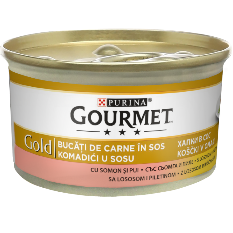 Gourmet Gold Bucatele de Carne in Sos, Pui si Somon, 85 g - conserva