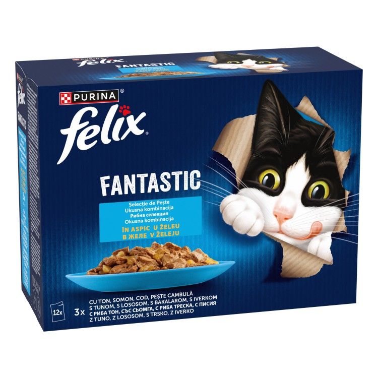 Felix Fantastic Ton, Somon, Cod, Peste Cambula in Aspic, 12 x 85 g (Hrana Umeda - Pisici)
