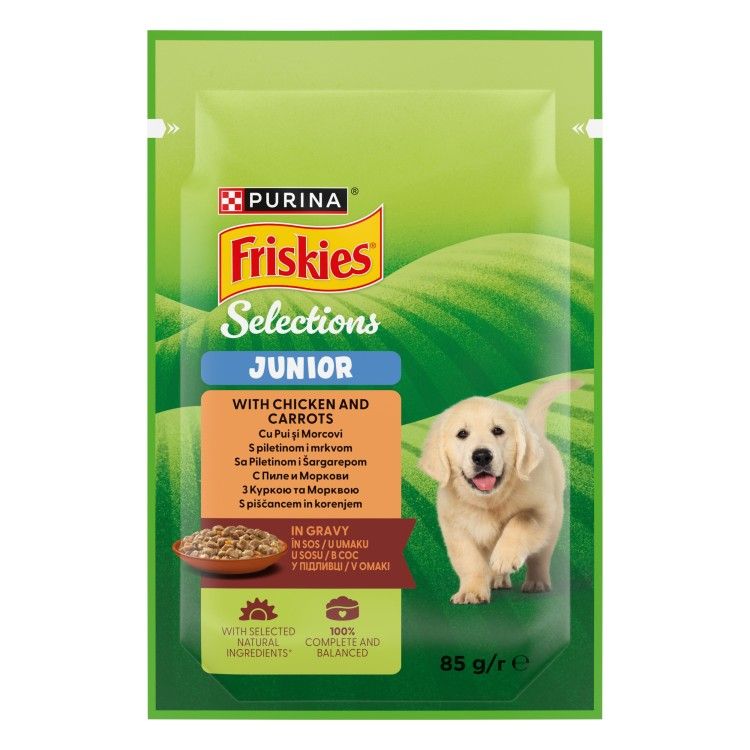 FRISKIES Junior cu Pui si Morcovi in Sos, 85 g (Hrana Umeda - Caini)