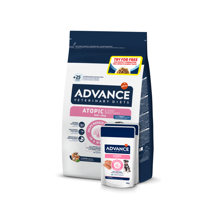 Advance Veterinary Diets Dog Atopic & Food Sensitivity Mini, Pastrav, 1.5 kg + 2x Advance Veterinary Diets Dog Atopic Derma Care, 150 g (Diete Veterinare - Caini)