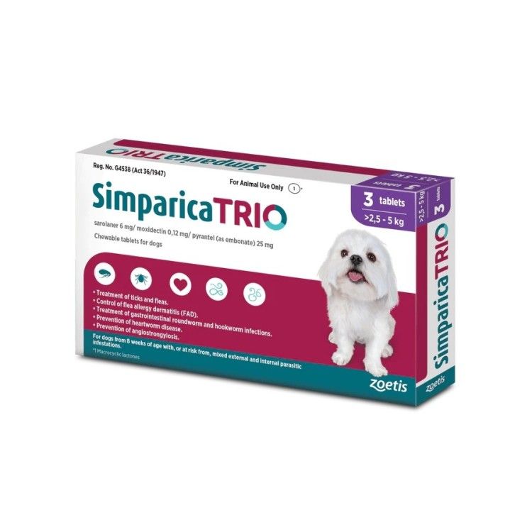 Simparica Trio Caini (2.5 - 5 kg), 3 x comprimate masticabile (PRESCRIPTIE NECESARA)