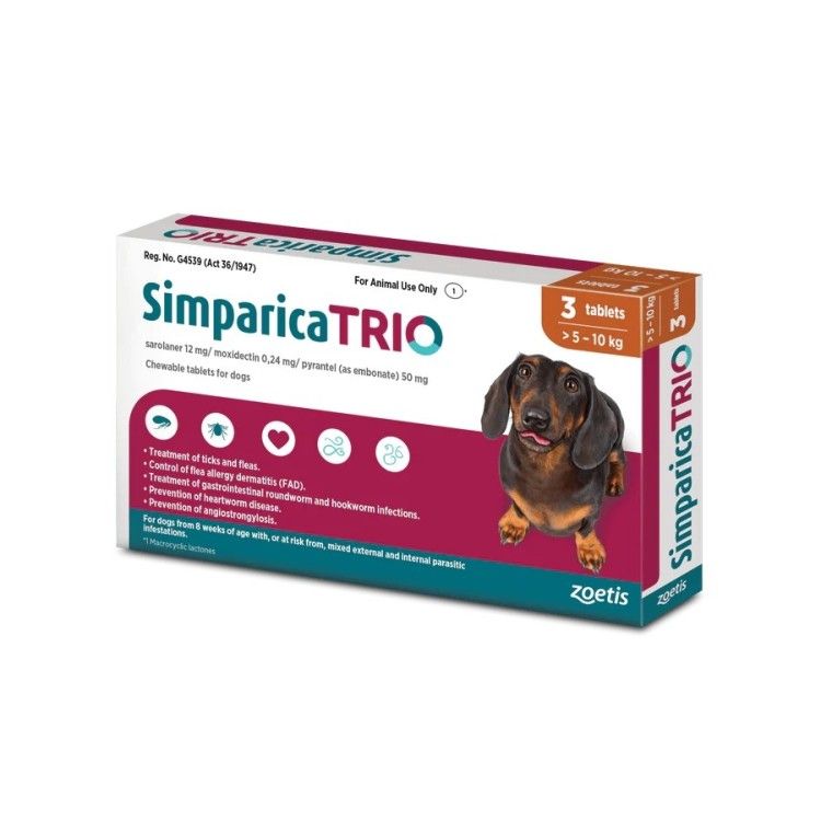 Simparica Trio Caini (5.1 - 10 kg), 3 x comprimate masticabile (PRESCRIPTIE NECESARA)