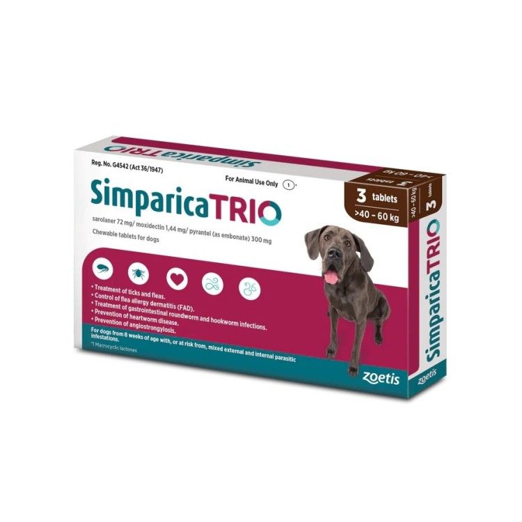 Simparica Trio Caini (40.1 - 60 kg), 3 x comprimate masticabile (PRESCRIPTIE NECESARA)