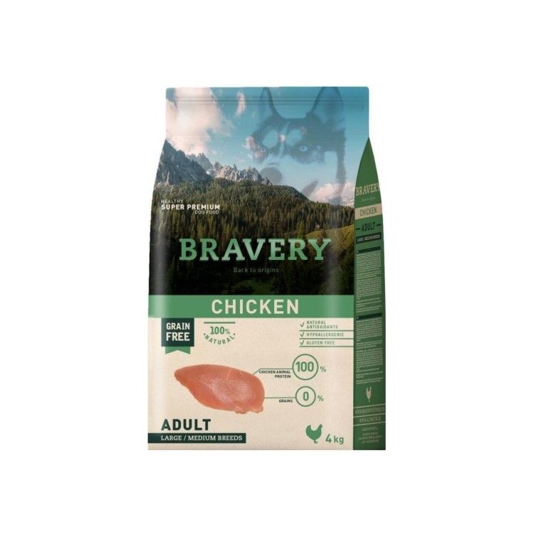 Hrana Uscata Caini, Bravery Dog, Large-Medium Adult, Pui, 4 kg (Hrana Uscata - Caini)