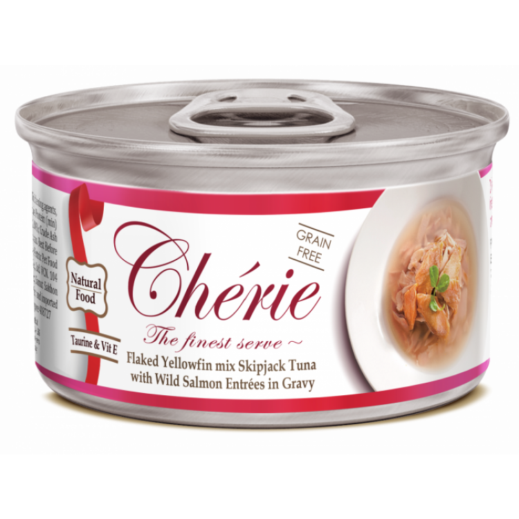 Cherie Adult Cat Grain Free Mix Fulgi de Ton cu Somon Salbatic in Sos, 80 g